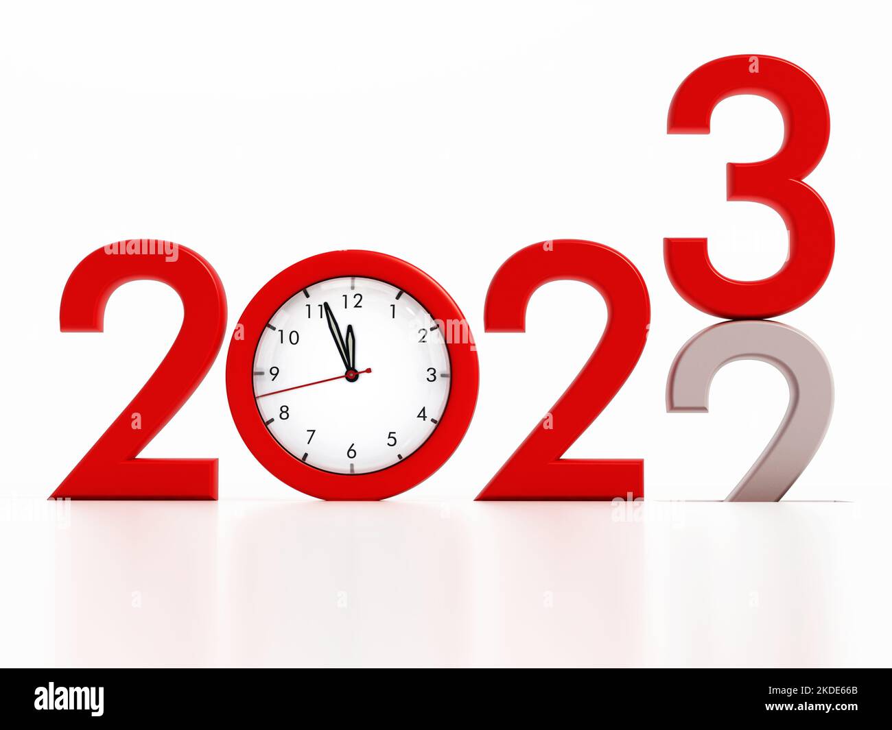 2022 con un reloj apuntando a las 12 en punto cambiando al nuevo año 2023. Ilustración 3D. Foto de stock
