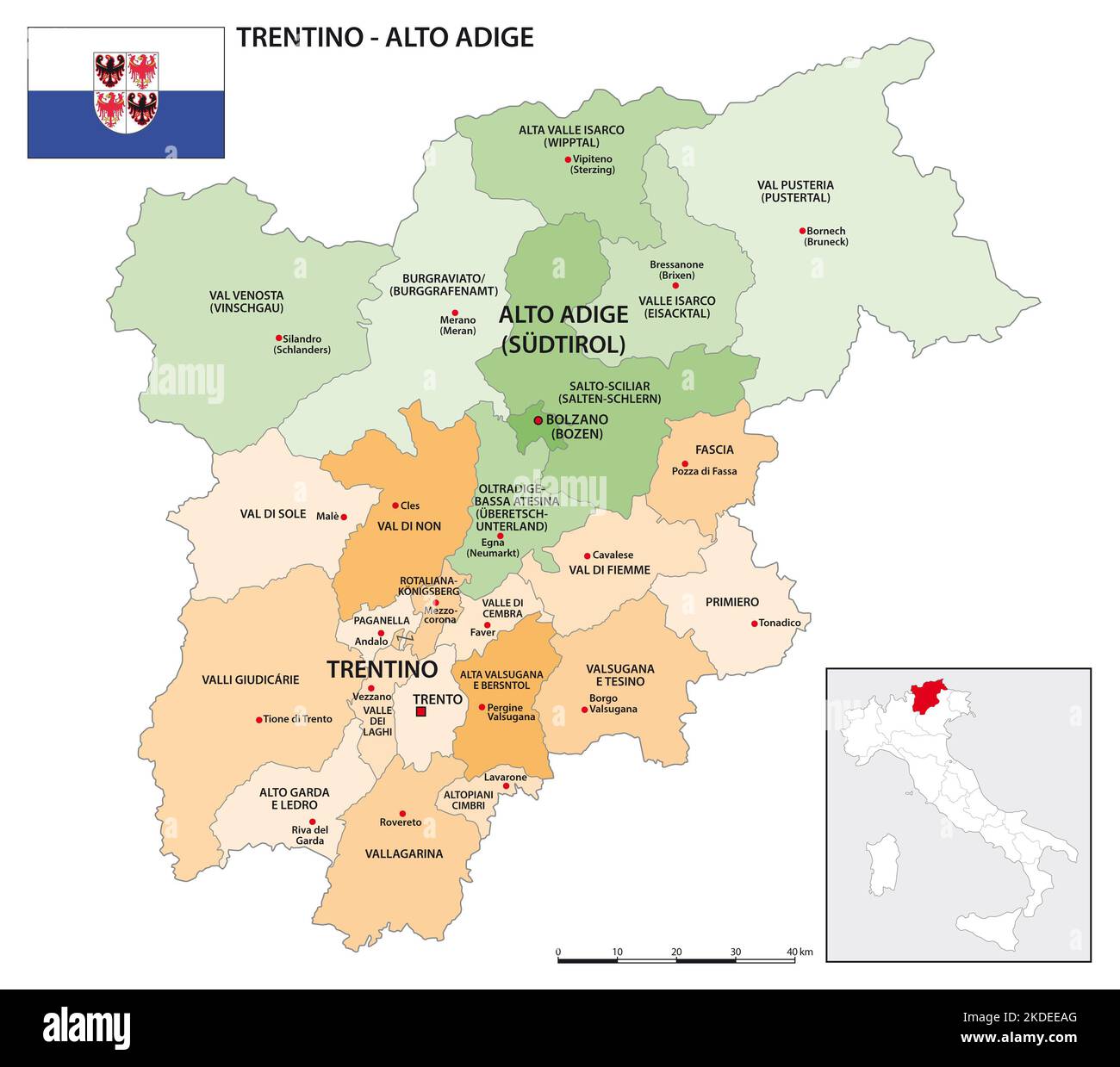 Mapa de la comarca de Trentino-Alto Adige con bandera Foto de stock