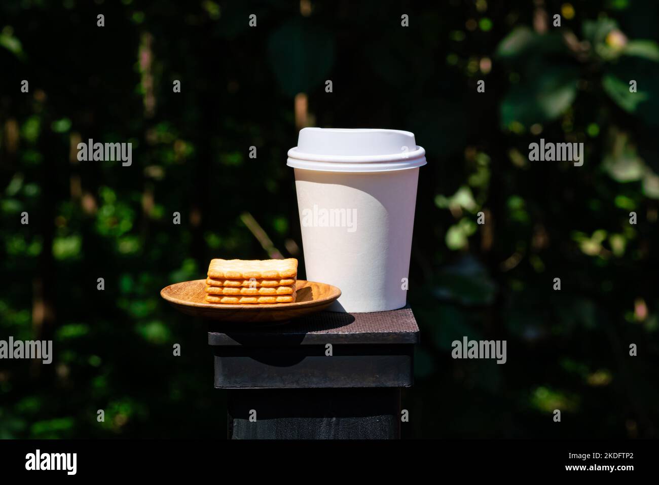 Vista lateral Pila de deliciosas galletas en forma cuadrada en un plato de madera con taza de café de papel blanco para llevar en el poste de la valla a la luz directa del sol en frente Foto de stock