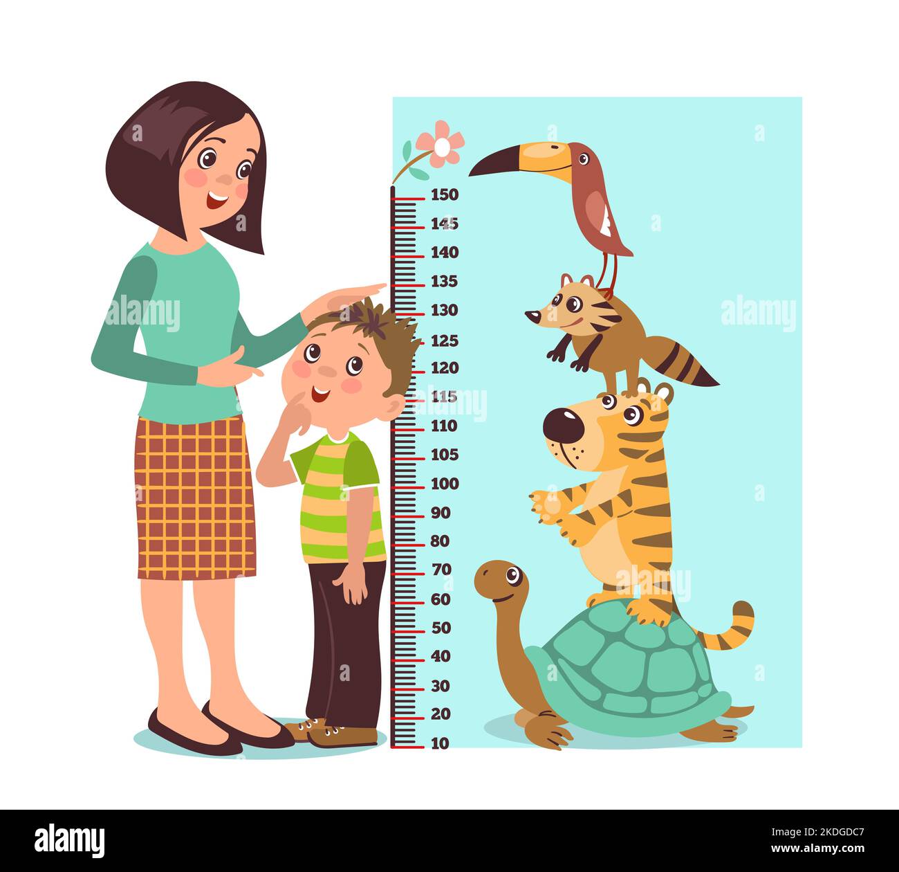Medir la estatura de los niños con los padres. Mamá ayuda al hijo con el indicador de la escala de crecimiento. Regente con animales exóticos. Tortuga, tigre o mapache. Infantil Ilustración del Vector