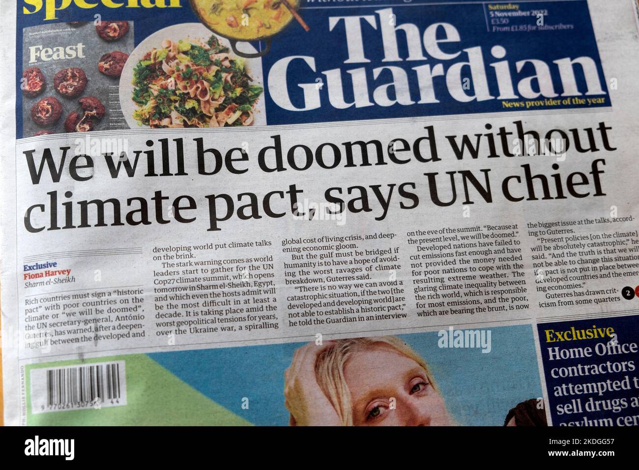 'Estaremos condenados sin un pacto climático, dice el jefe de la ONU' Antonio Guterres en la portada del periódico Guardian 5 de noviembre de 2022 en Londres, Reino Unido, Gran Bretaña Foto de stock