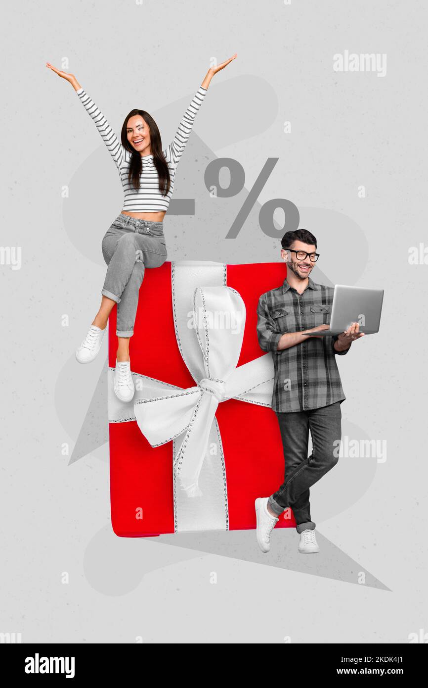 Foto creativa 3D collage póster de dos jóvenes divertidos elección de la  gente Elija ropa de bajo precio aislado en el fondo de la pintura  Fotografía de stock - Alamy