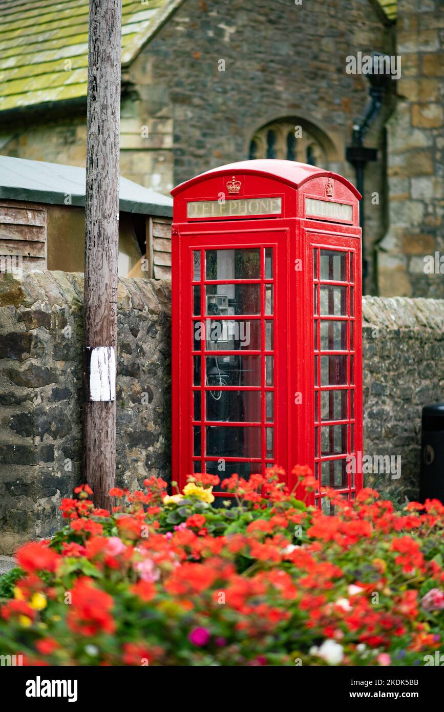 Caja telefónica roja, Chipping, Preston, Lancashire, Reino Unido Foto de stock