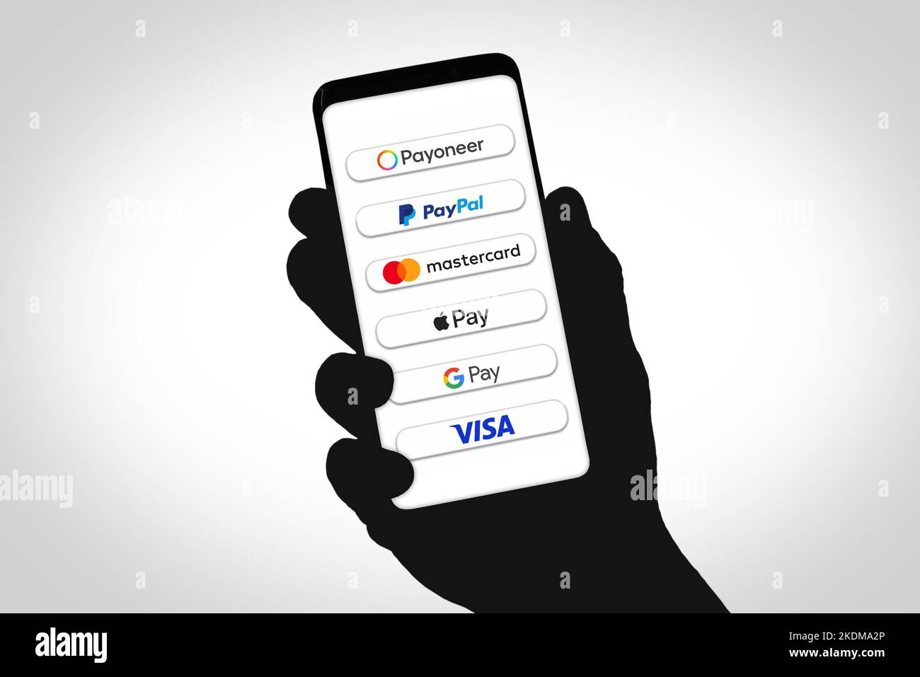 Sistema de pago en América a través de Payoneer, Paypal, Mastercard, Apple Pay, Google Pay y Visa Foto de stock