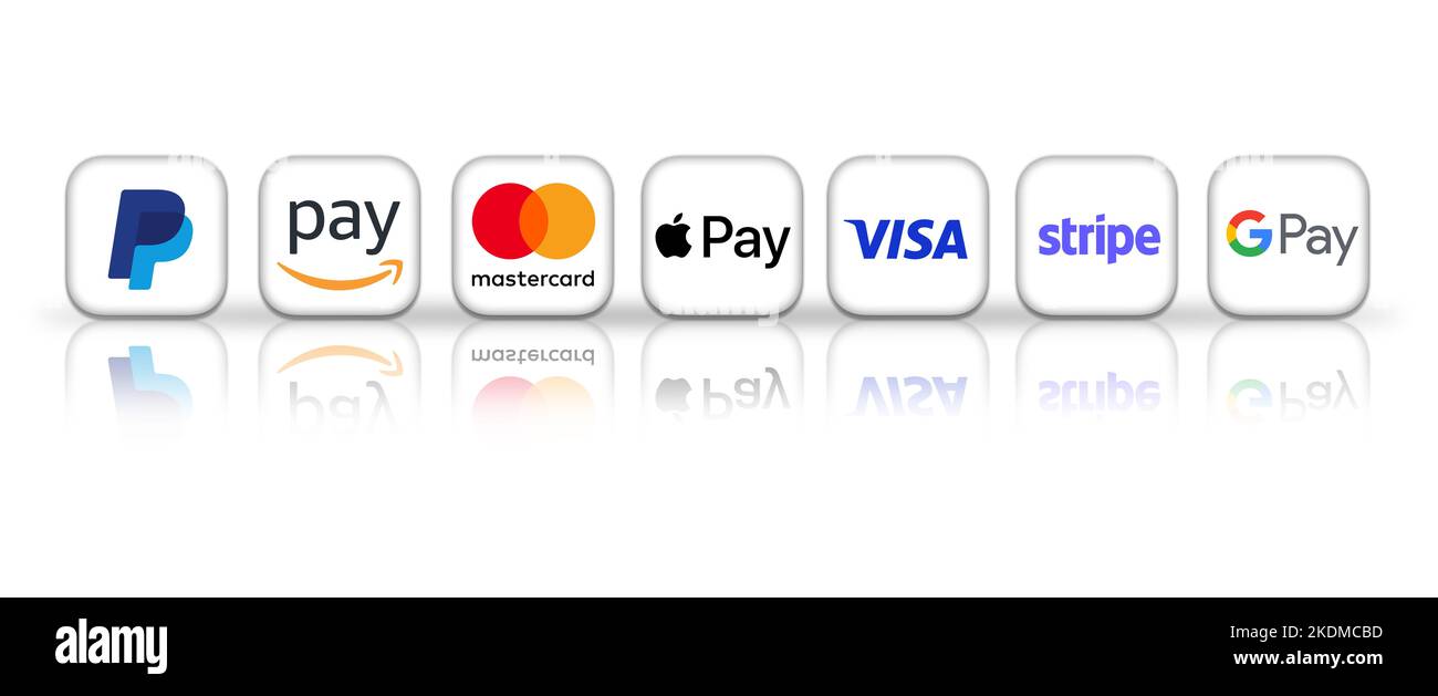 Sistema de pago en América a través de Stripe, Paypal, Mastercard, Apple Pay, Google Pay y Visa Foto de stock