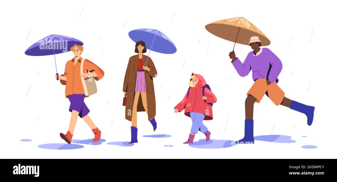 Conjunto de personas multiculturales con sombrillas caminando en charcos en tiempo lluvioso. Hombre joven con estilo, mujer y feliz niño personajes bajo lluvia tormentosa. Temporada de monzones con precipitaciones en la calle de la ciudad. Ilustración del Vector