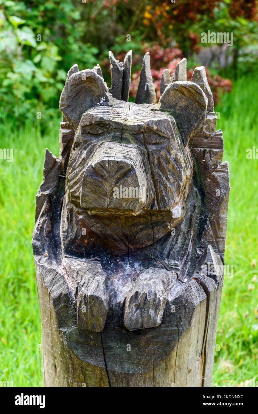 Una escultura en madera en Dunnet Community Forest, cerca de Castletown, Caithness, Escocia, Reino Unido Artista desconocido. Foto de stock
