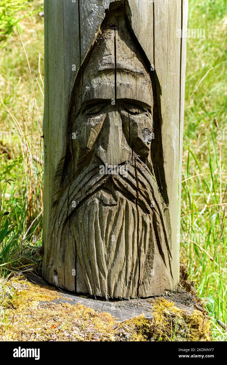 Una escultura en madera en Dunnet Community Forest, cerca de Castletown, Caithness, Escocia, Reino Unido Artista desconocido. Foto de stock