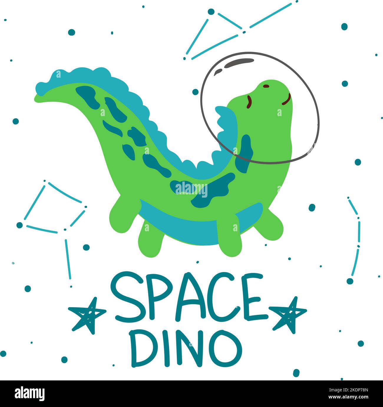 Lindo dinosaurio espacial con un planeta, estrellas y cometas a su alrededor. Vector de estilo plano. Astronauta de dinosaurios. Se puede utilizar para postales, moda infantil, t Ilustración del Vector