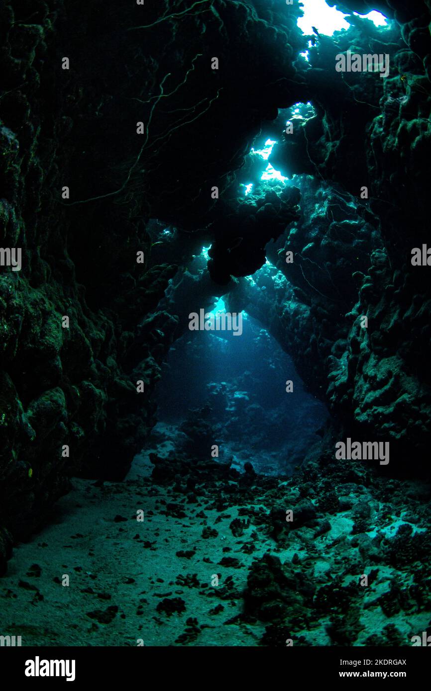 Cuevas y paisajes mientras bucea en el Mar Rojo Foto de stock