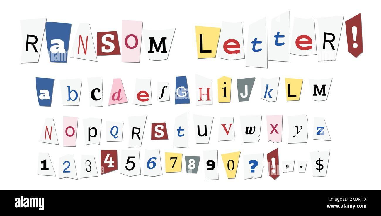 Anónimo nota de rescate periódico cortando cartas. Conjunto de vectores del alfabeto de letras del chantaje criminal. Ilustración del Vector