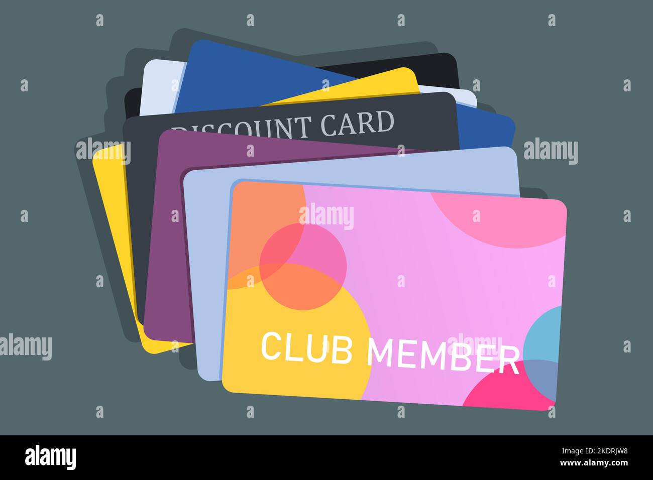 Tarjetas de socio del club, tarjetas de fidelización y tarjetas de descuento. Ilustración vectorial. Problema del cliente minorista. Ilustración del Vector