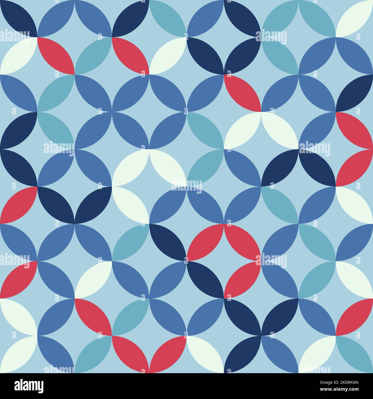 Patrón geométrico azul. Interconectando círculos y óvalos abstractos textura retro moda. Diseño sin costuras. Azul y rojo. Ilustración del Vector