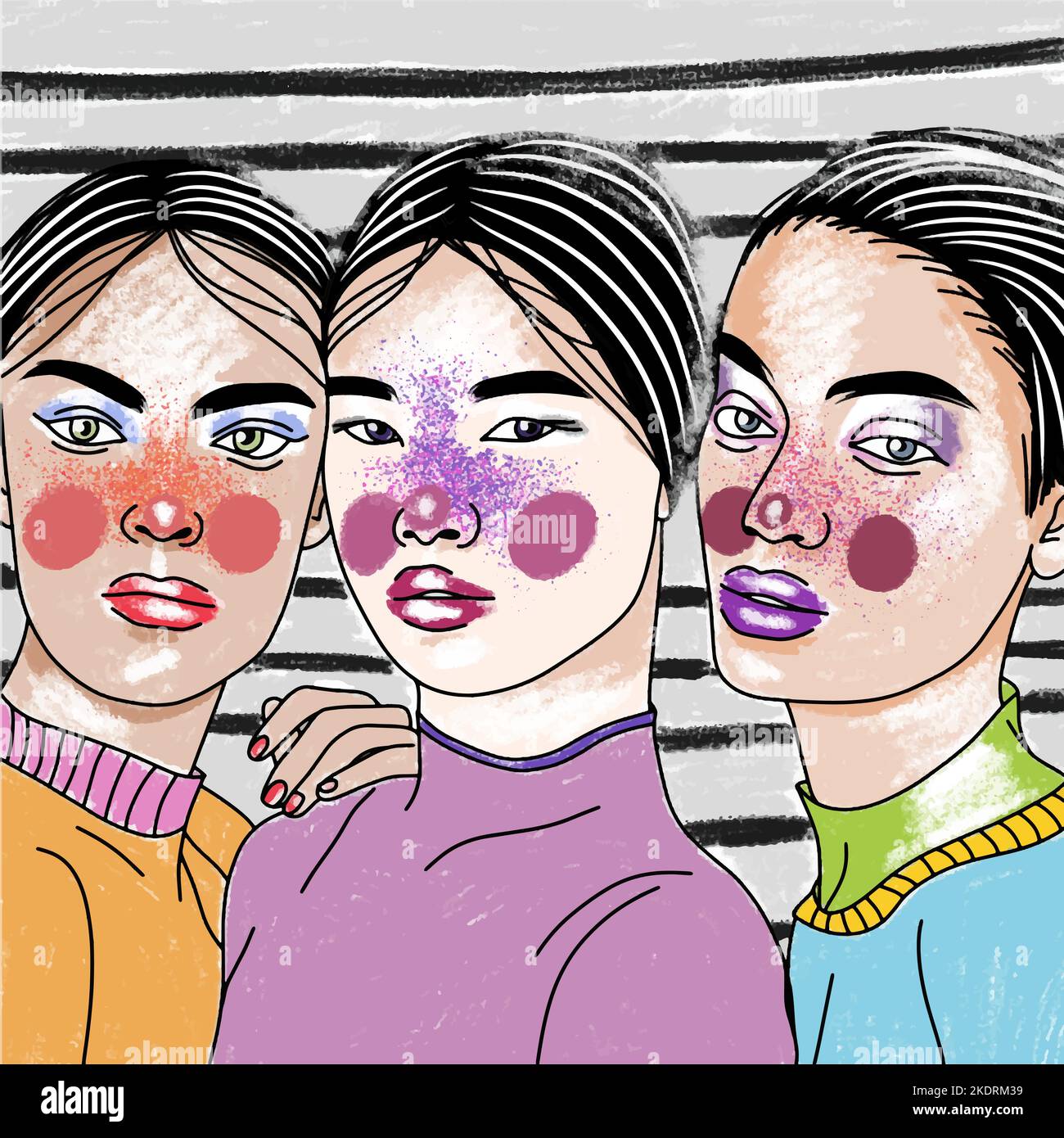 Chicas hermosas con maquillaje, sobre un fondo brillante, colores  brillantes, dibujo en el estilo del pop art Imagen Vector de stock - Alamy