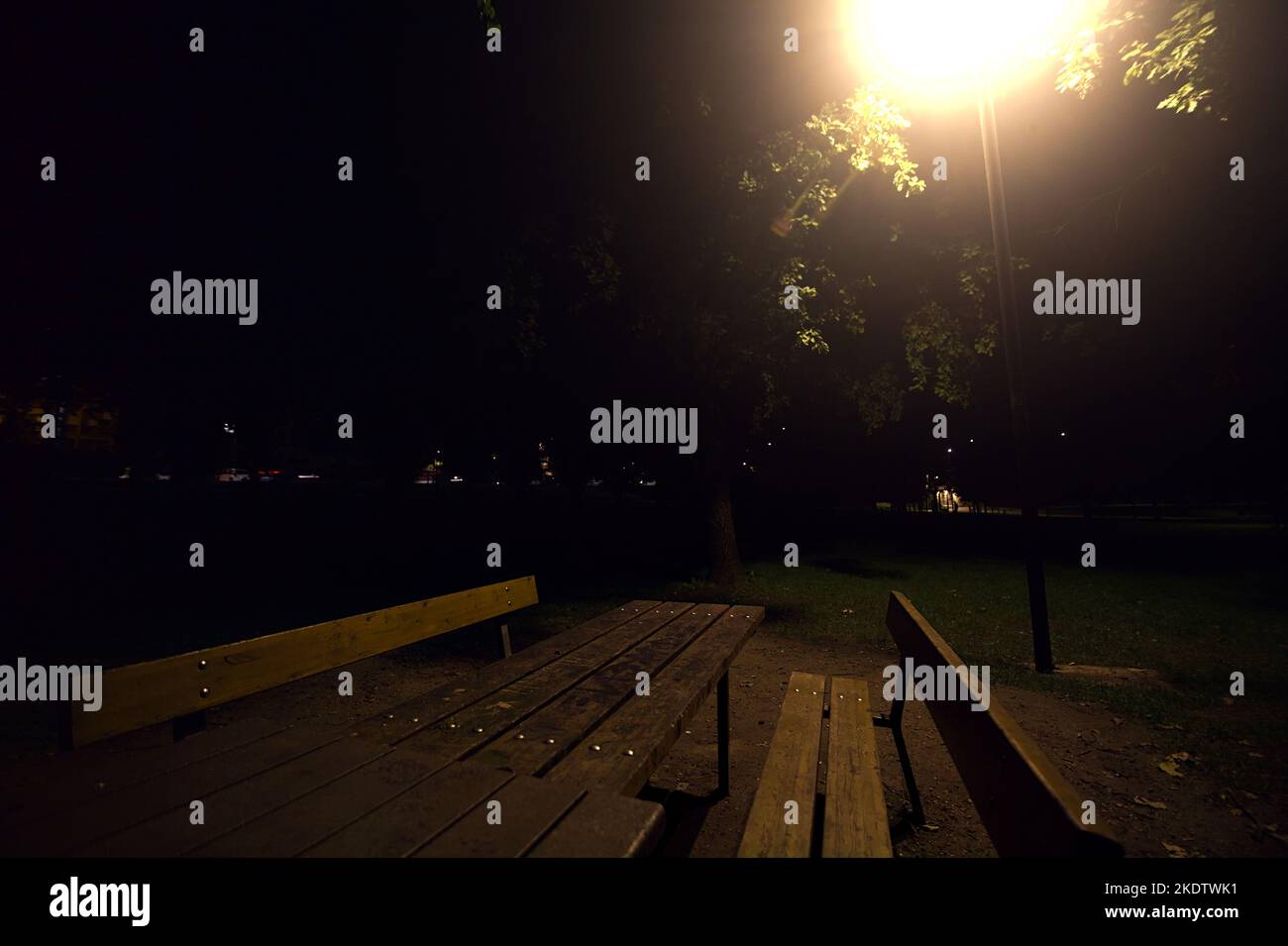 Banco de madera en un parque bajo la luz de la calle por la noche Foto de stock