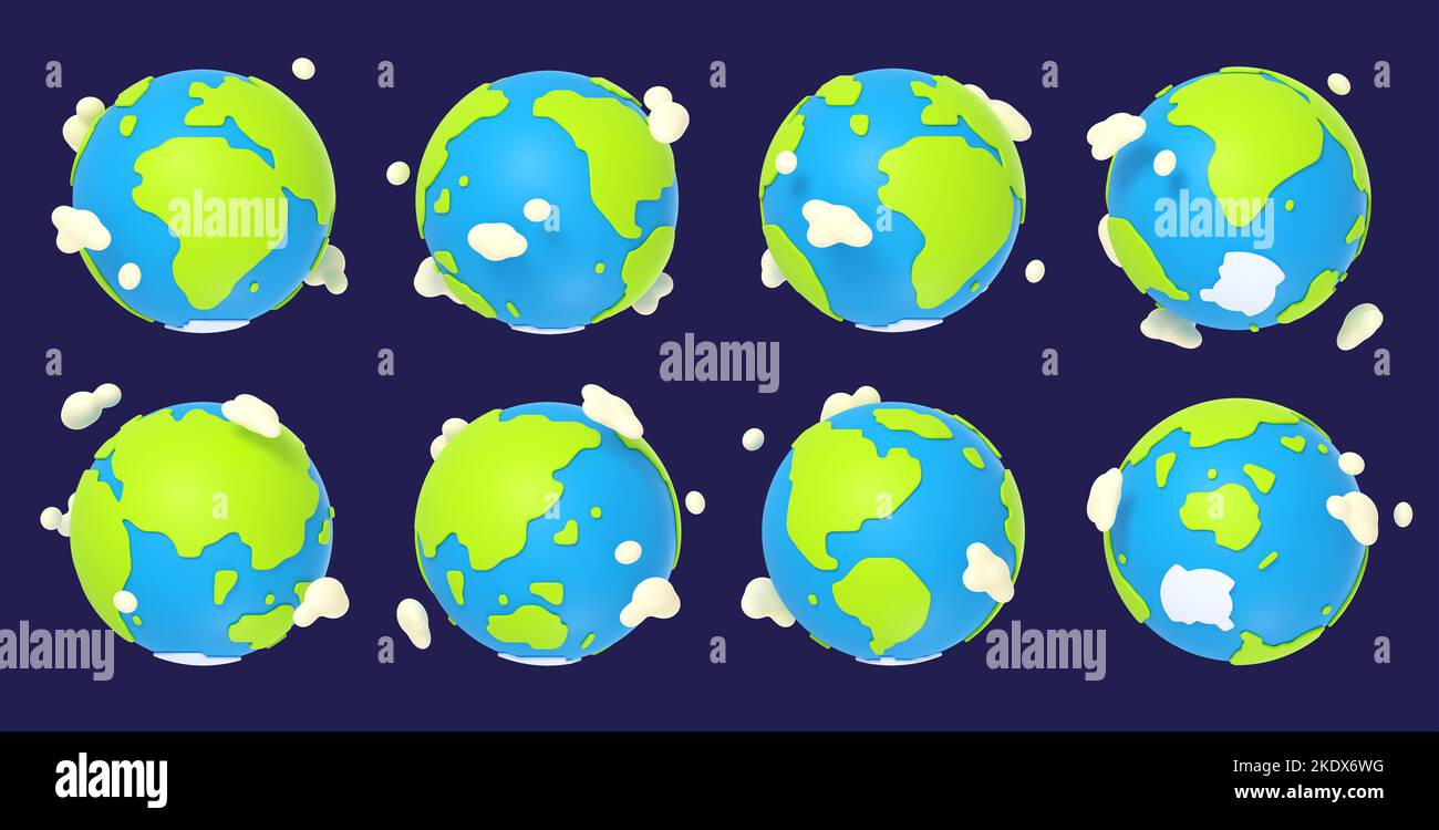 Planeta Tierra Cartoon 3D giro animación sprite hoja. Modelo de globo aislado con océanos, tierras principales y nubes, rotación de superficie texturizada, secuencia de marco de giro y movimiento alrededor de la órbita, conjunto Foto de stock