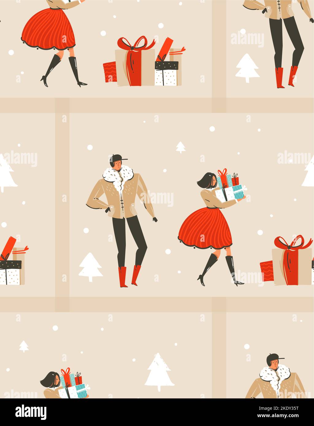 Dibujo a mano vector abstracto divertido Merry Christmas Time ilustración de dibujos animados patrón sin costuras con la gente caminando en ropa de invierno y regalo sorpresa Ilustración del Vector