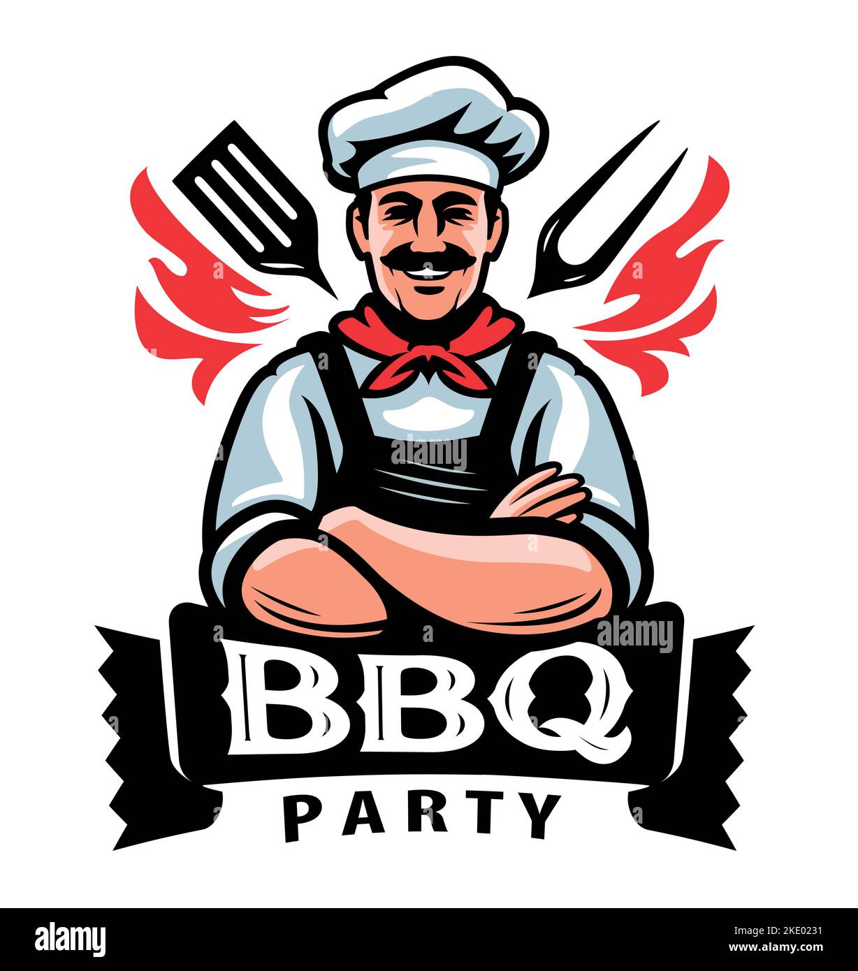 Chef feliz con herramientas para freír carne. Carne de cocina, picnic y