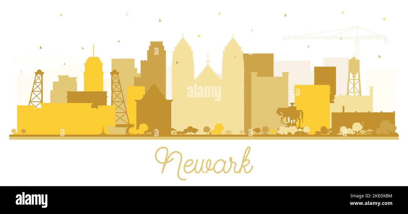 Silueta del horizonte de la ciudad de Newark Nueva Jersey con edificios dorados aislados en blanco. Ilustración de vectores. Paisaje urbano de Newark con Monumentos. T Ilustración del Vector