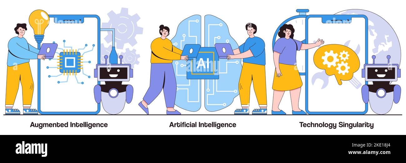 Inteligencia aumentada, robótica cognitiva artificial, conceptos de singularidad tecnológica con personajes de personas. Ilustración de tecnología de vanguardia Ilustración del Vector