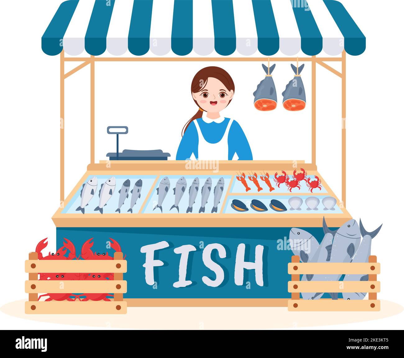 Fish Store to Market Varios Productos Frescos e Higienic Mariscos en Cartoon Plano Plantillas dibujadas a mano Ilustración Ilustración del Vector