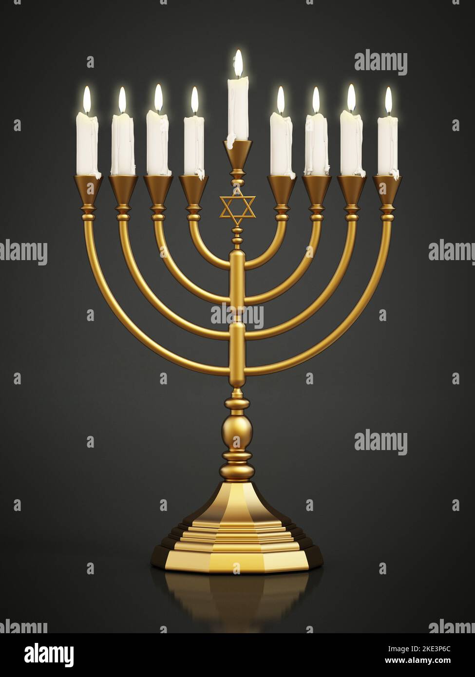 Velas de Hanukkah aisladas sobre fondo negro. Ilustración 3D. Foto de stock
