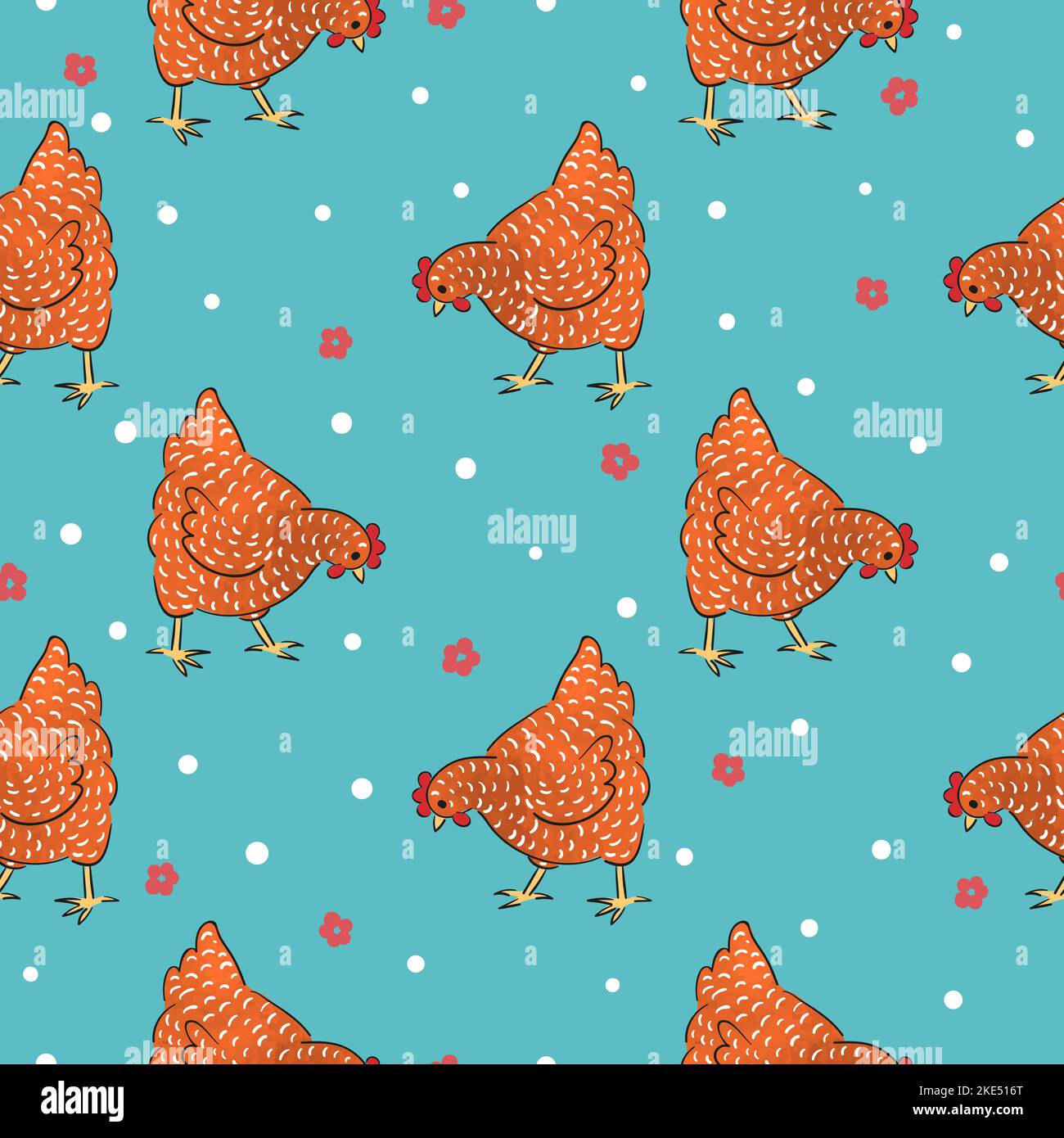 Patrón de gallinas rojas. Ilustración de vector de pollo moteado sin