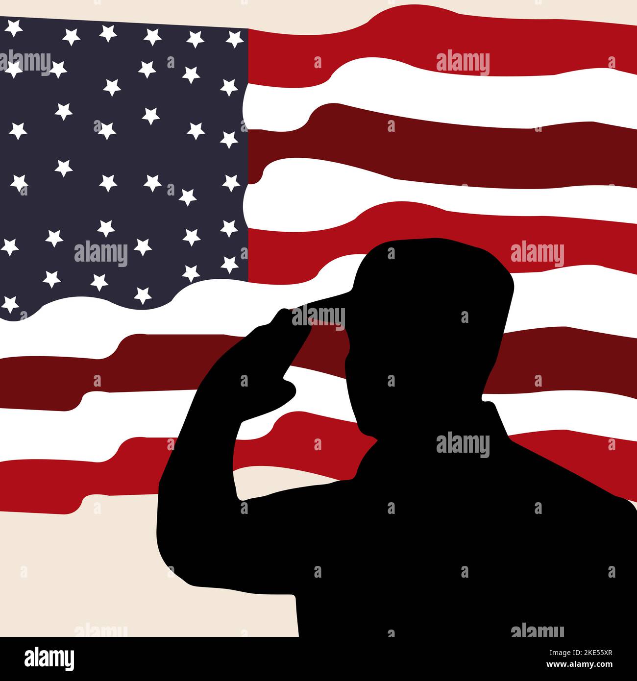 Bandera americana y silueta del soldado adecuado para el Día de los Veteranos, Día de la Independencia, Día de los Caídos, 4th de julio o el Día del Trabajo copyspace Fondo. Ilustración del Vector