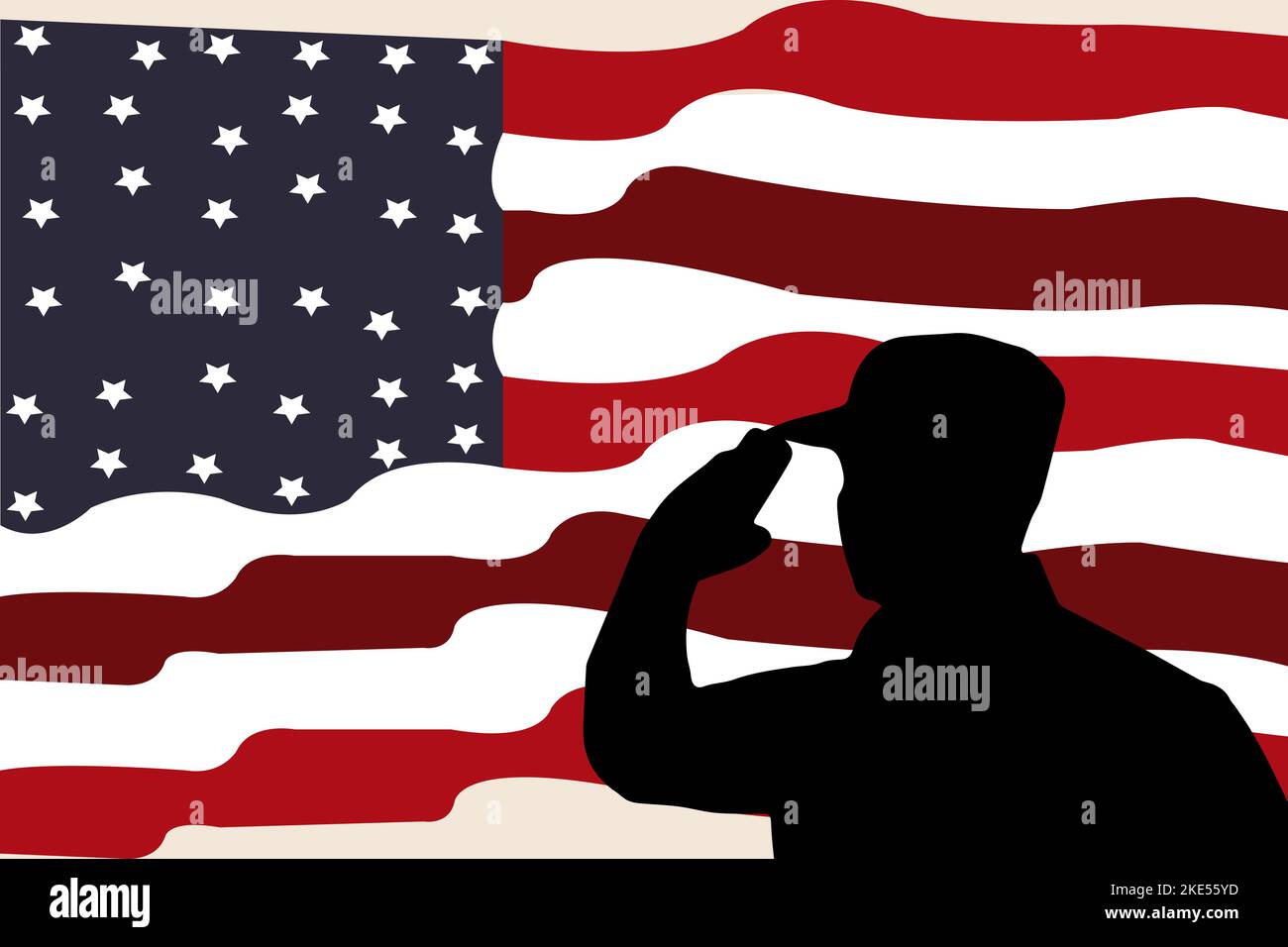 Bandera americana y silueta del soldado adecuado para el Día de los Veteranos, Día de la Independencia, Día de los Caídos, 4th de julio o el Día del Trabajo copyspace Fondo. Ilustración del Vector