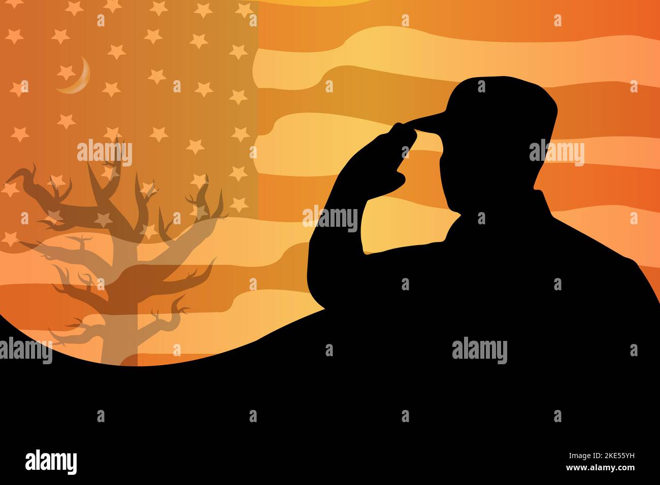 Bandera americana y silueta del soldado en la hora del amanecer del atardecer. Adecuado para el Día de los Veteranos, Día de la Independencia, Día de los Caídos, 4th de julio o Día del Trabajo Ilustración del Vector