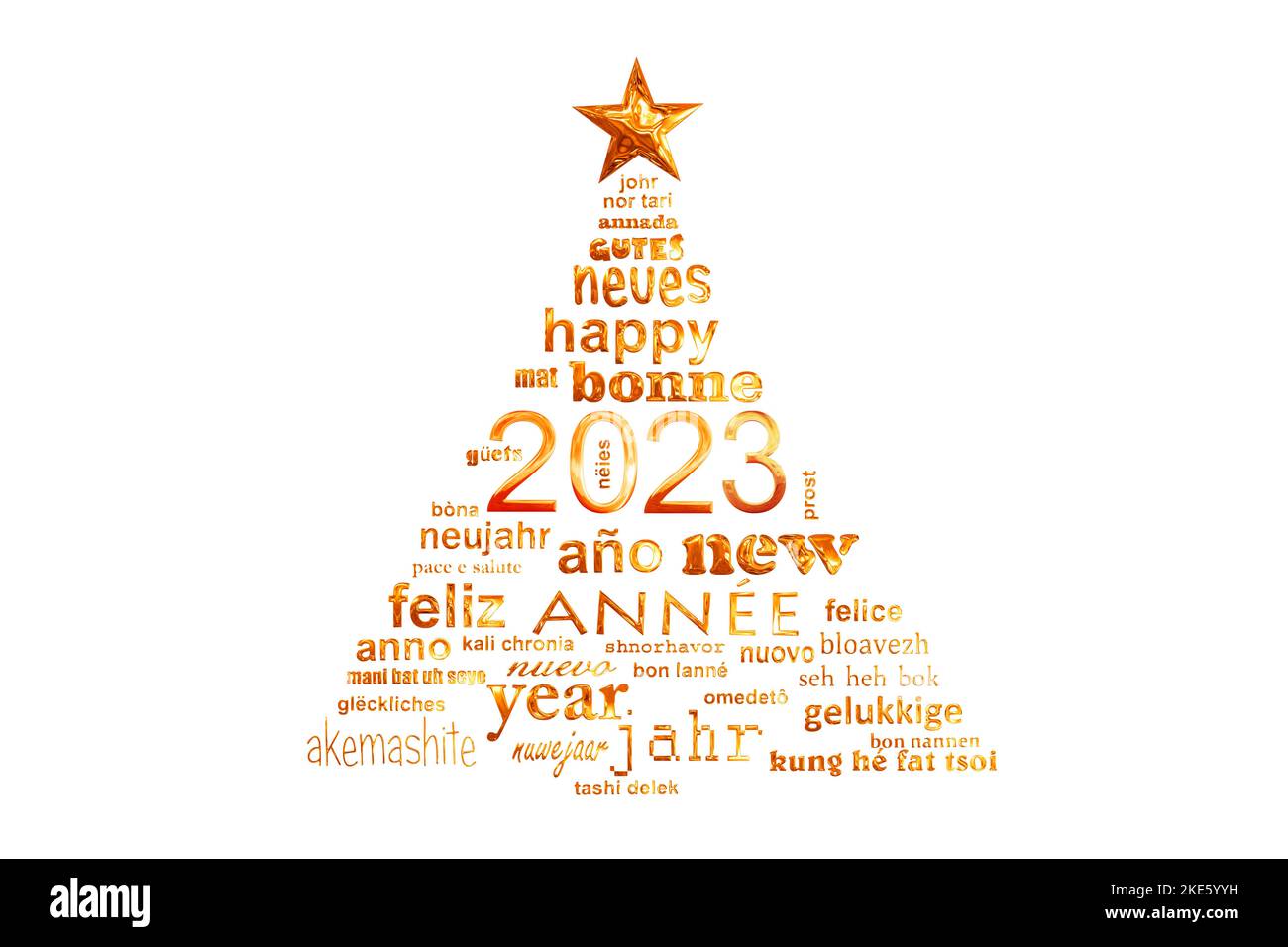 tarjeta de felicitación de año nuevo con texto multilingüe en nube en forma de árbol de navidad para 2023 Foto de stock