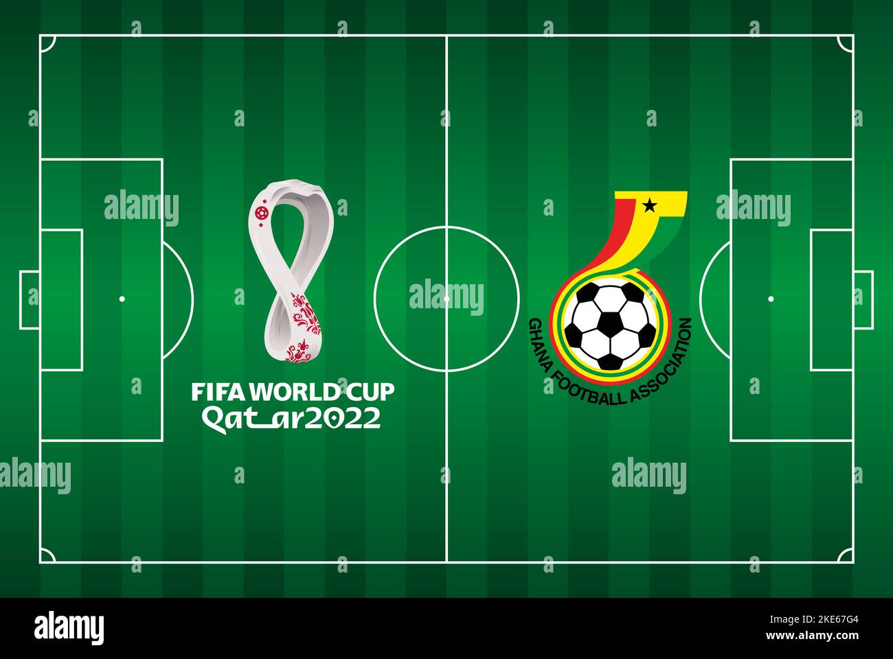 Campo de fútbol visto desde arriba con el emblema de la federación de fútbol de Ghana, Qatar Campo de fútbol visto desde arriba con el emblema de la federación de fútbol de Ghana, Qatar
