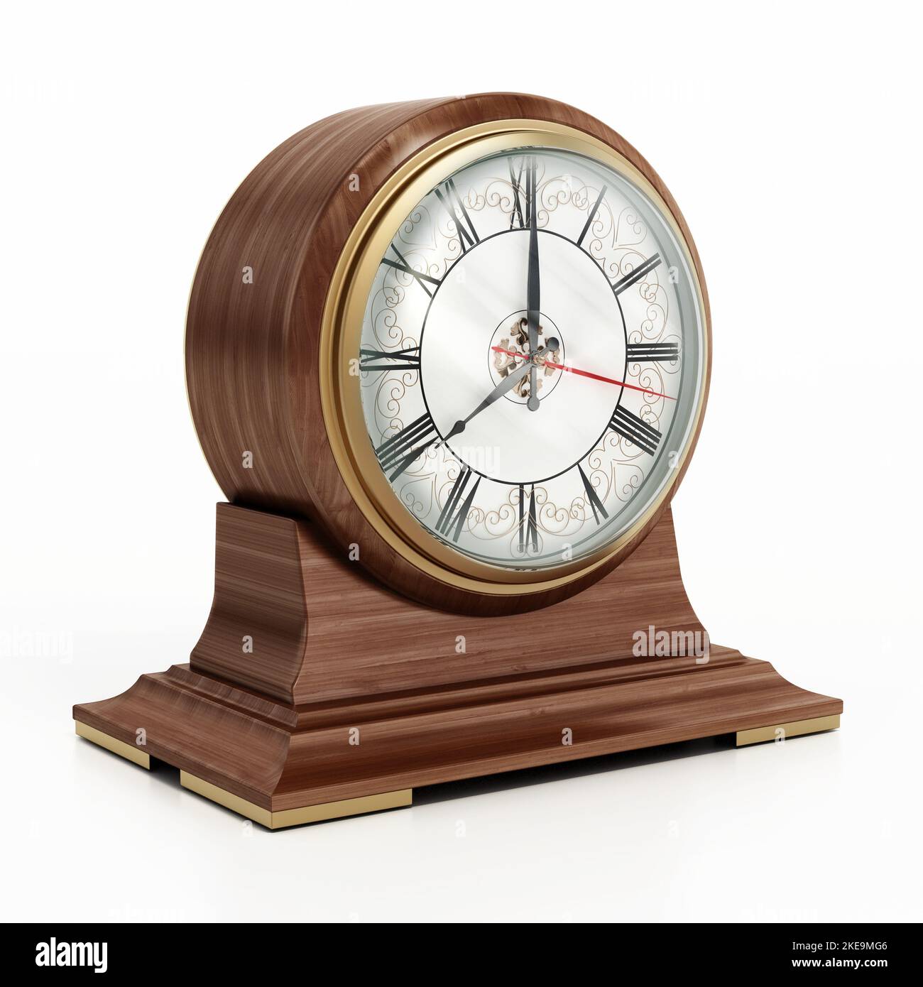 Reloj de mesa decorativo vintage aislado sobre fondo blanco. Ilustración 3D. Foto de stock