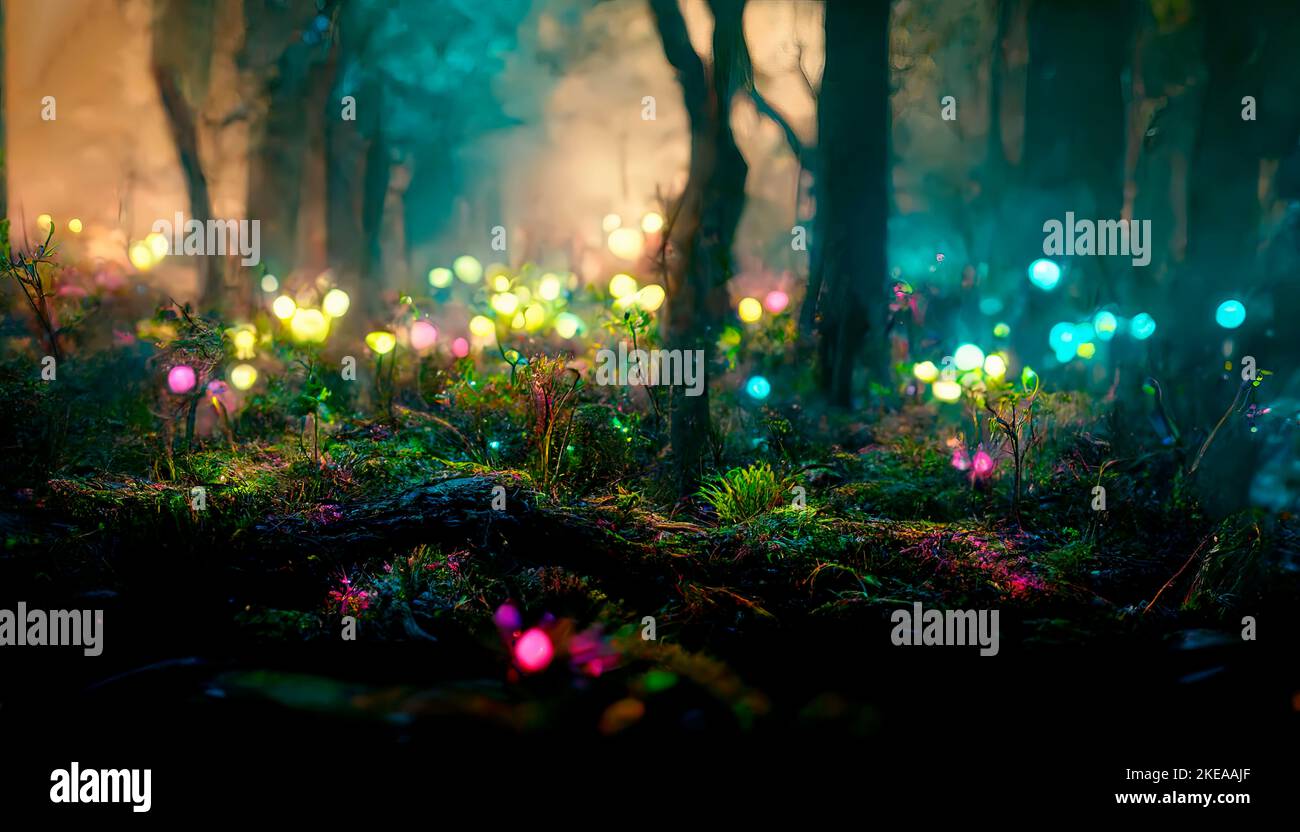 luces mágicas en el bosque. Atmósfera de cuento de hadas, Foto de stock