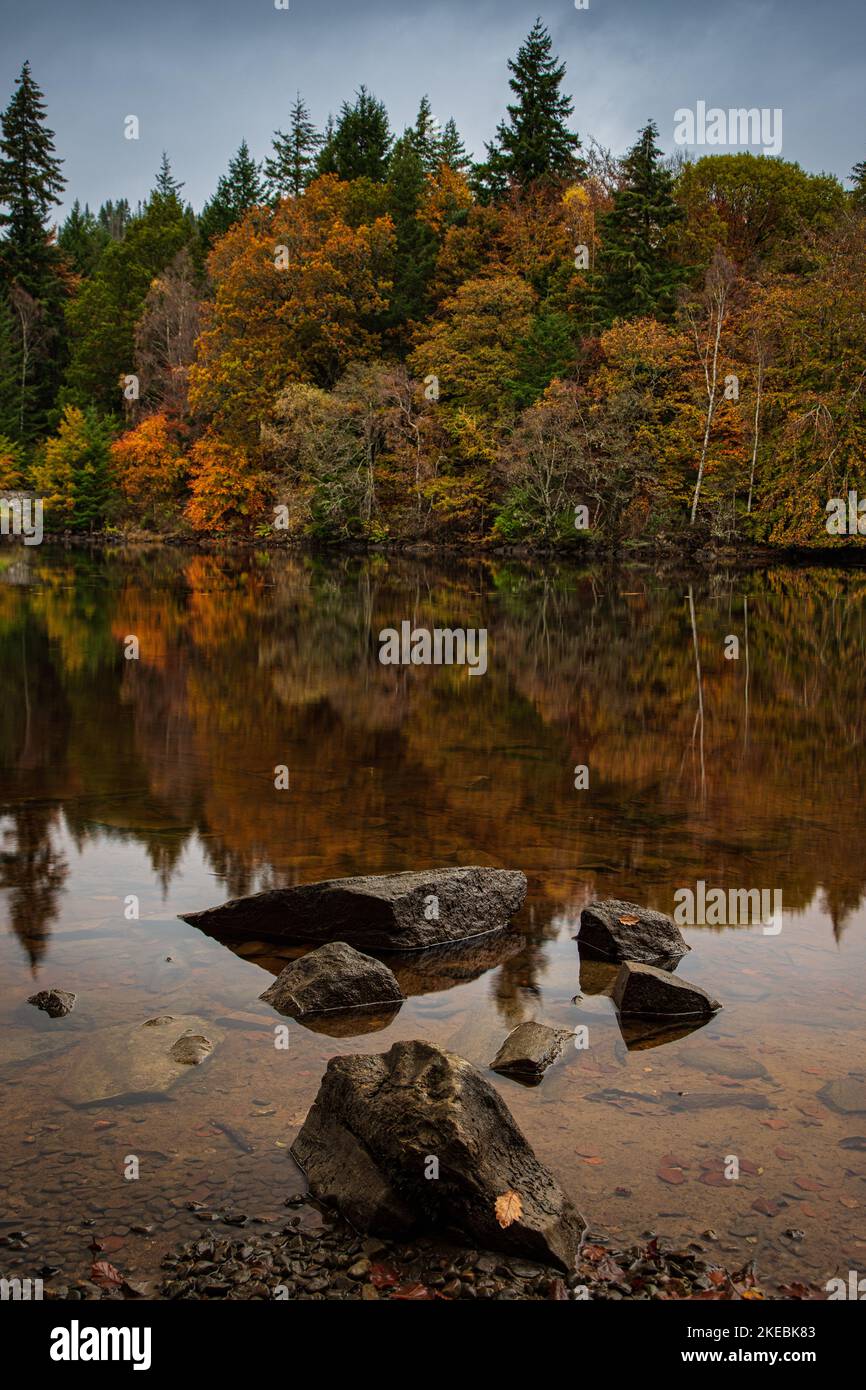 Loch Faskally colores otoñales en ScotlandWater Foto de stock