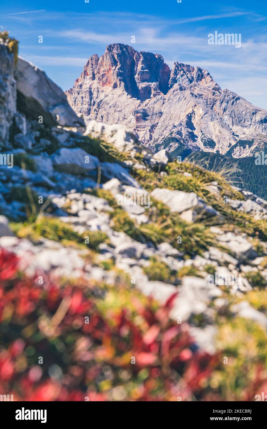 italia, Véneto, Auronzo di Cadore. Croda Rossa d'Ampezzo / Hohe Gaisl, vista desde el monte Piana, Dolomitas Foto de stock