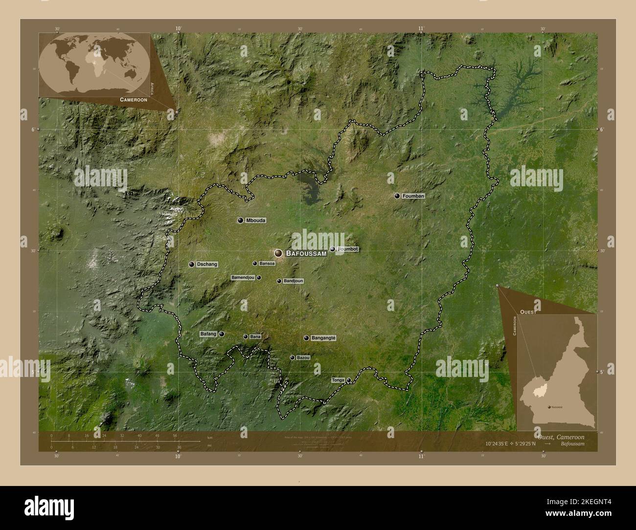 Ouest, región del Camerún. Mapa satelital de baja resolución. Lugares y