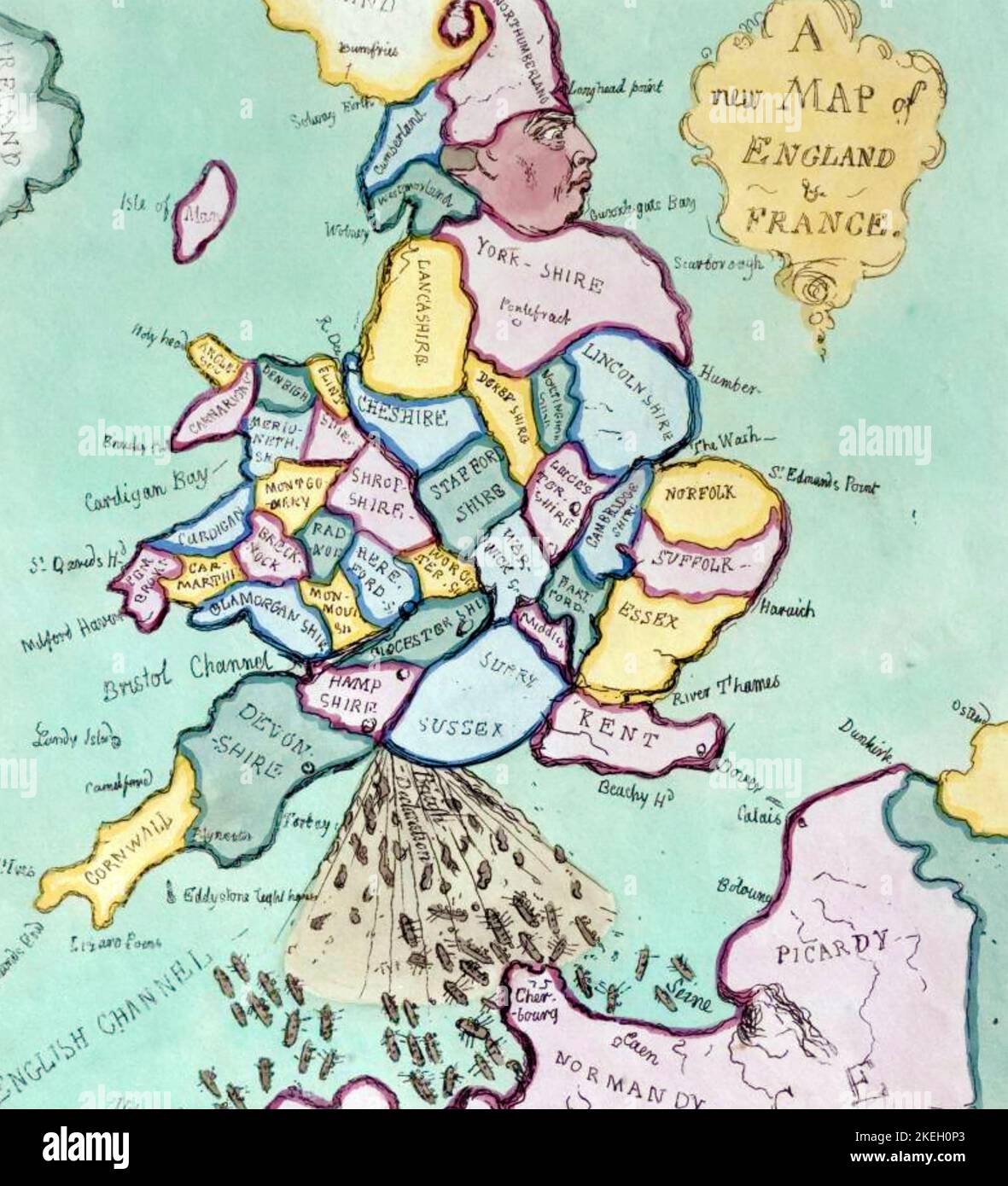 JAMES GILLRAY (7565-1818) Caricaturista inglés. 'Un nuevo mapa de Inglaterra y Francia - la invasión francesa o John Bull bombardeando los Bum-boats' - detalle. Foto de stock
