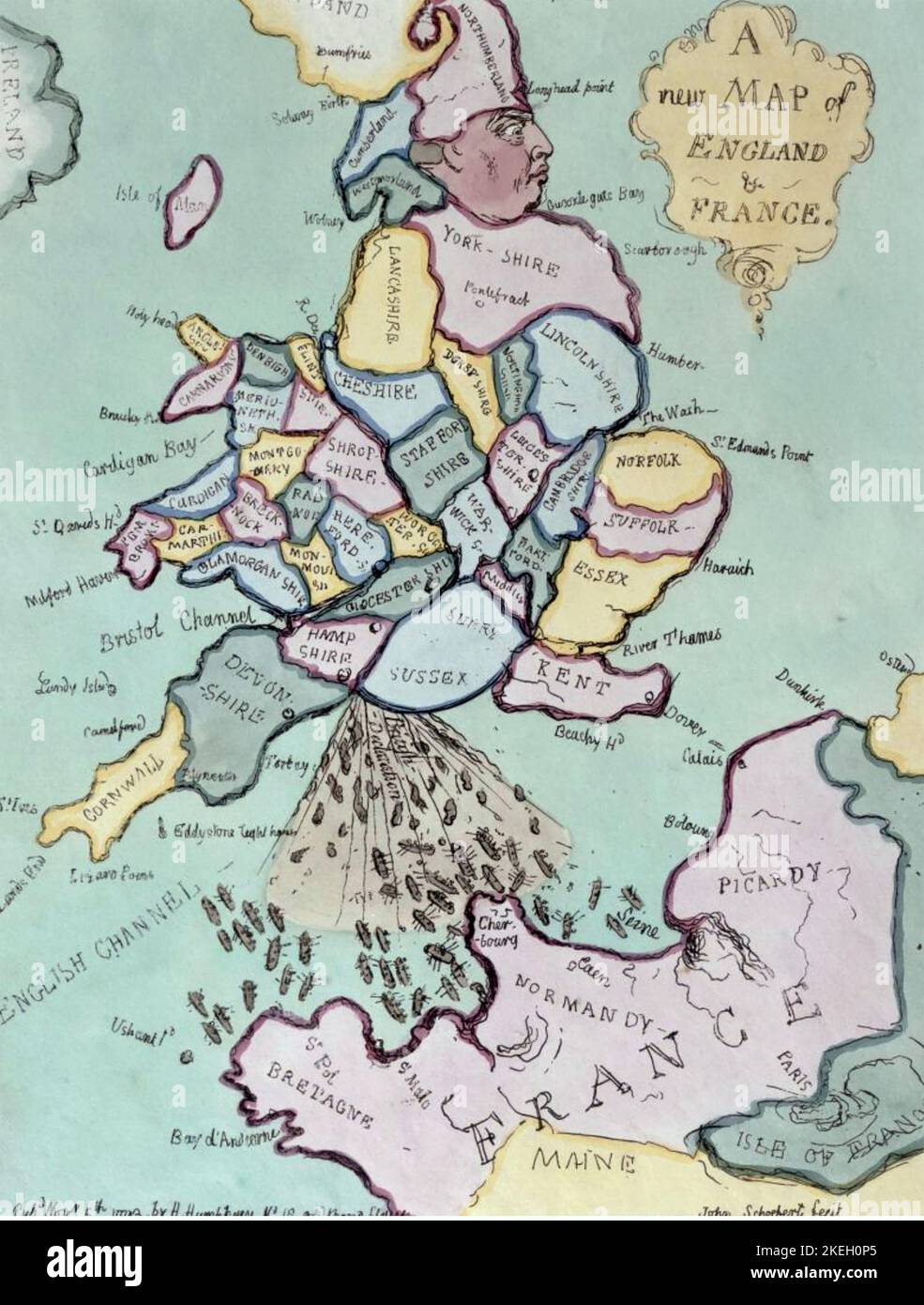 JAMES GILLRAY (7565-1818) Caricaturista inglés. 'Un nuevo mapa de Inglaterra y Francia - la invasión francesa o John Bull bombardeando los Bum-boats' Foto de stock