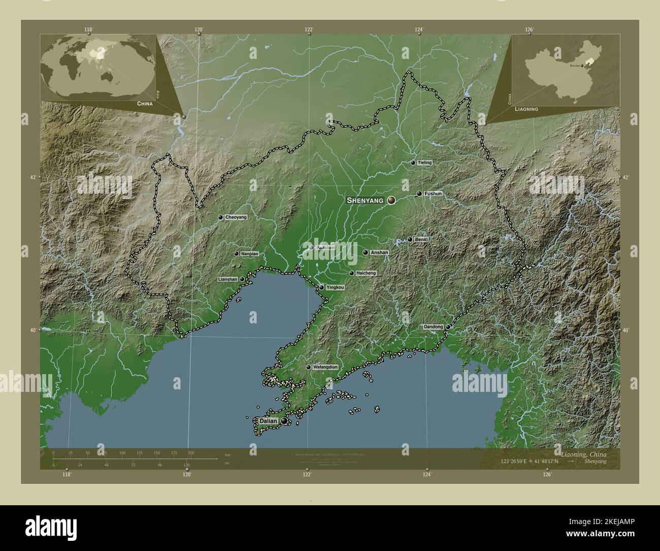 Liaoning, provincia de China. Mapa de altura coloreado en estilo wiki