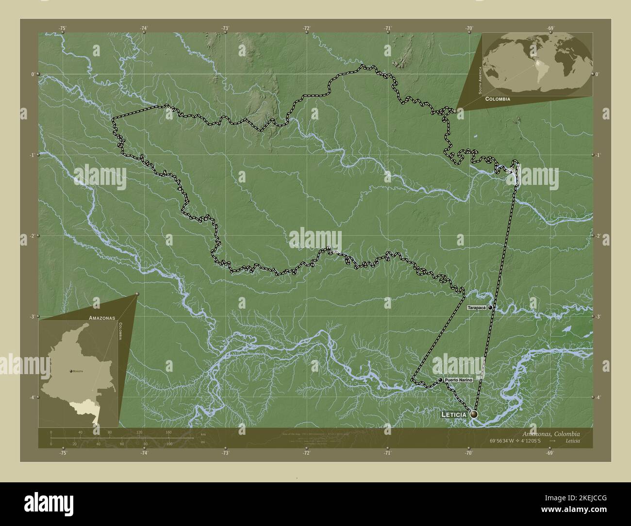 Amazonas, departamento de Colombia. Mapa de altura coloreado en estilo wiki  con lagos y ríos. Lugares y nombres de las principales ciudades de la  región. Esquina Fotografía de stock - Alamy