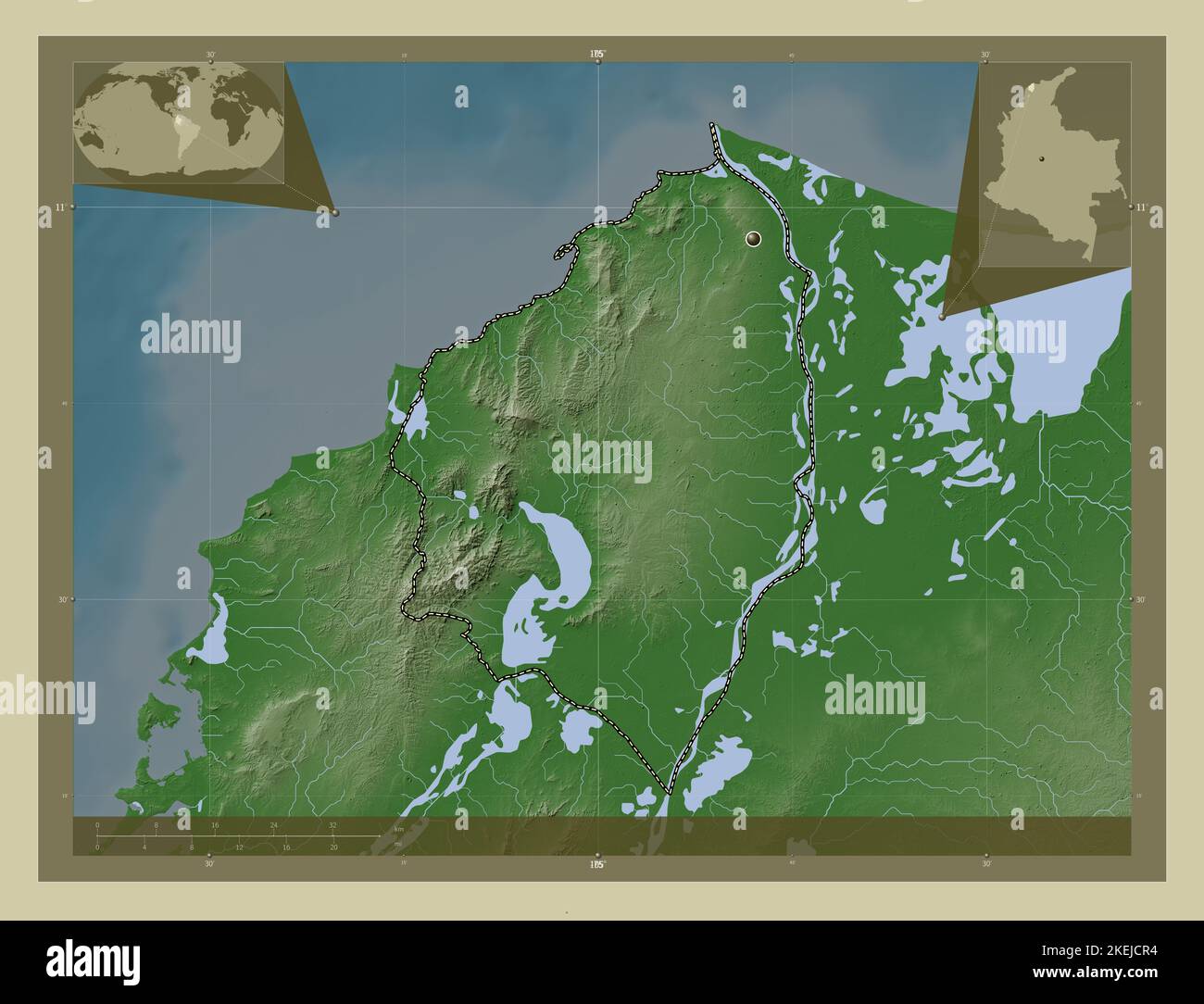 Atlántico, departamento de Colombia. Mapa de altura coloreado en estilo