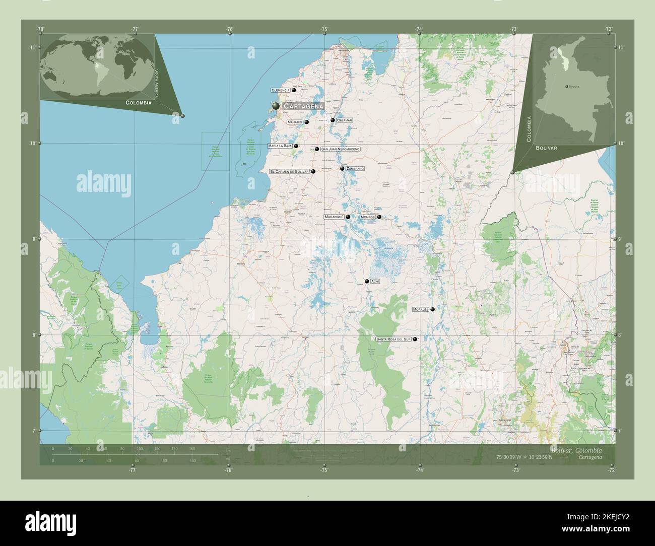 Bolívar, departamento de Colombia. Abra Street Map. Lugares y nombres