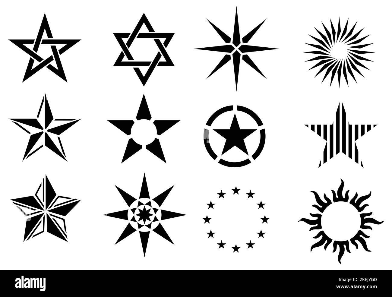 Conjunto de formas de estrella. Diferentes siluetas negras de estrellas