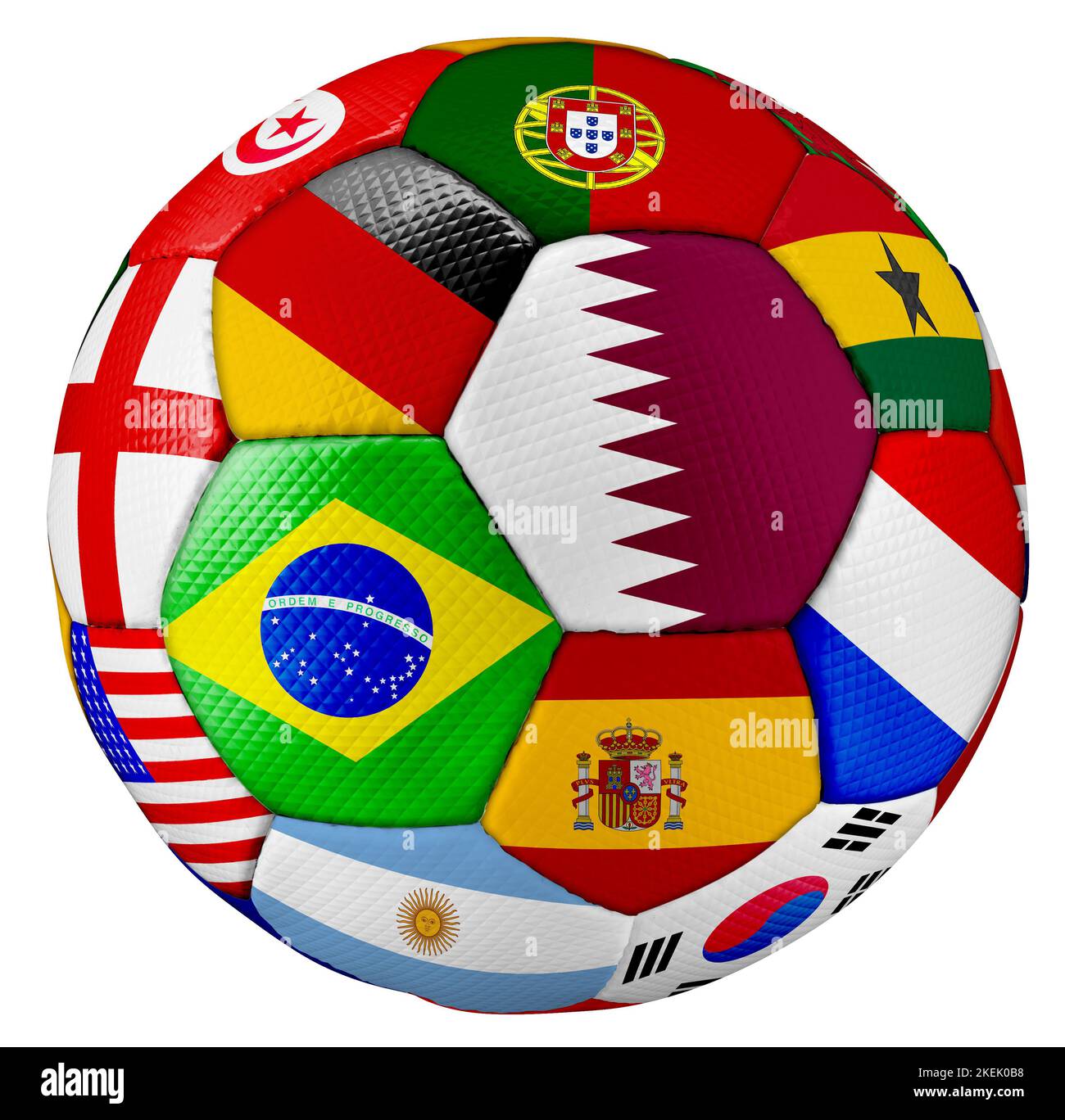 balón de fútbol colorista con banderas nacionales de muchos países de todo el mundo aislados sobre fondo blanco. competición de fútbol y torneo de deporte concepto Foto de stock