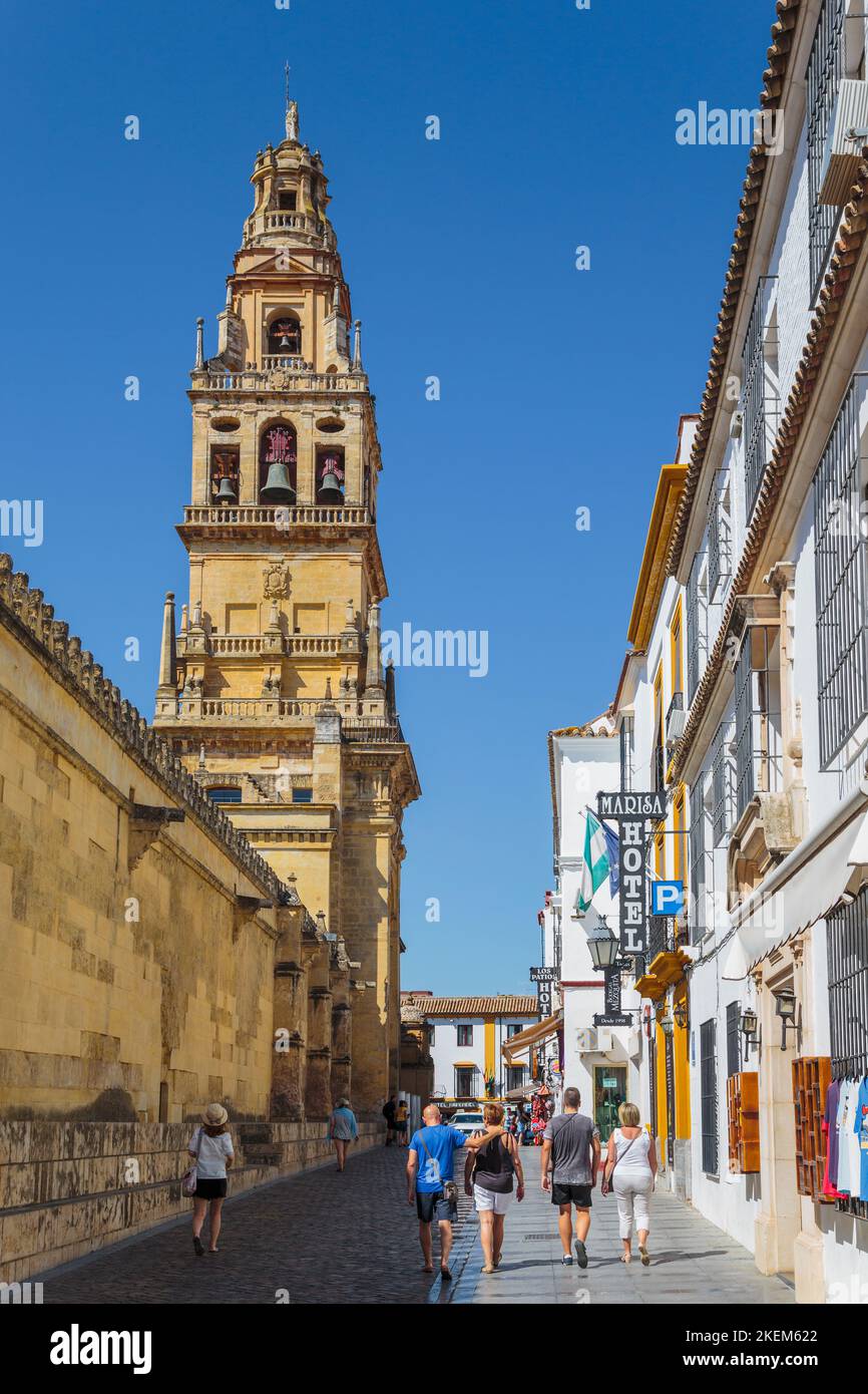 Córdoba, Provincia de Córdoba, Andalucía, España. Torre Alminar de la Mezquita, la Gran Mezquita, vista por la calle Cardenal Herrero. El Centro Histórico Foto de stock