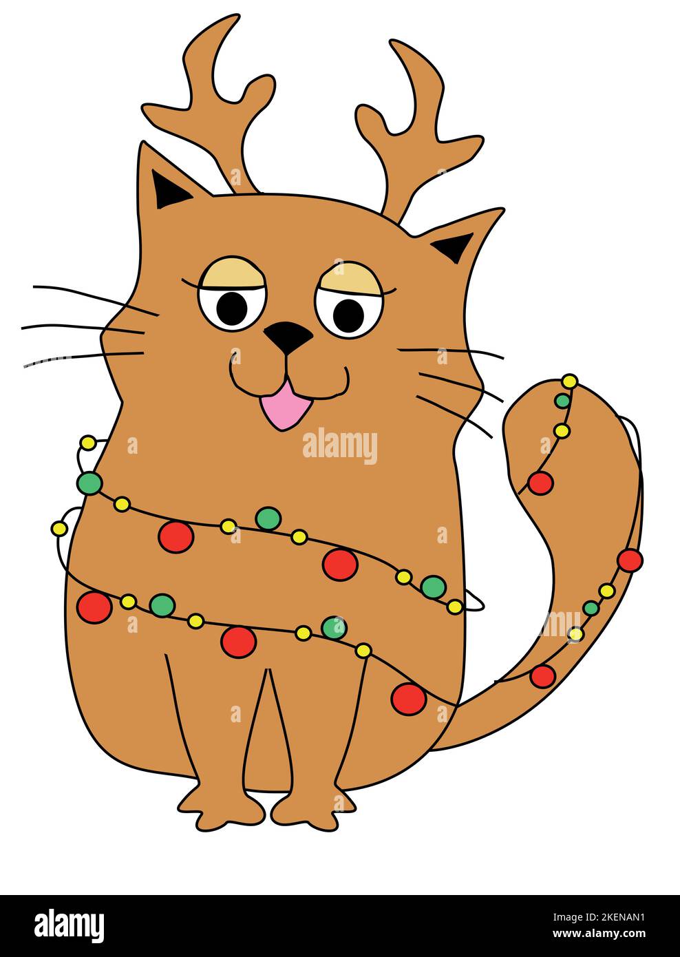 Tarjeta Merry christmas con lindo gato con cuernos de reno y luces para