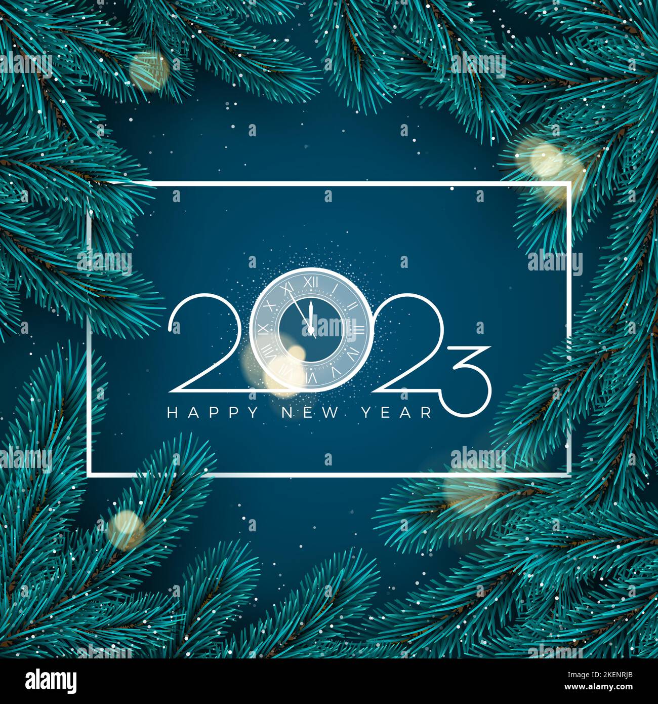 Feliz Año Nuevo 2023. Fondo de vacaciones con marco blanco y ramas de abeto y luces. Ilustración vectorial Ilustración del Vector
