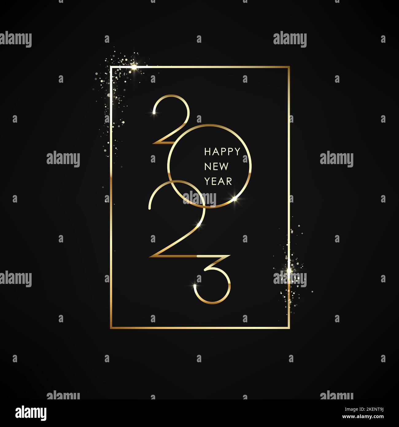 Tarjeta de felicitación de negocios de feliz año nuevo. Números dorados 2023 en marco con brillo sobre fondo negro. Banner de vacaciones con texto de saludo elegante con glo Ilustración del Vector