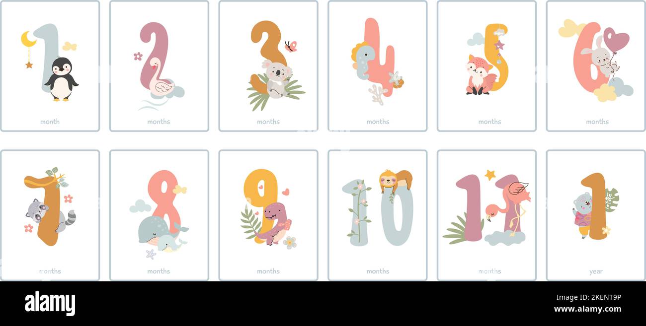 Tarjetas planas de hitos mensuales para bebés con gatos unicornio y números